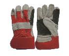 Cow split leather glove,reinforced palm,red cotton back & rubberized cuff